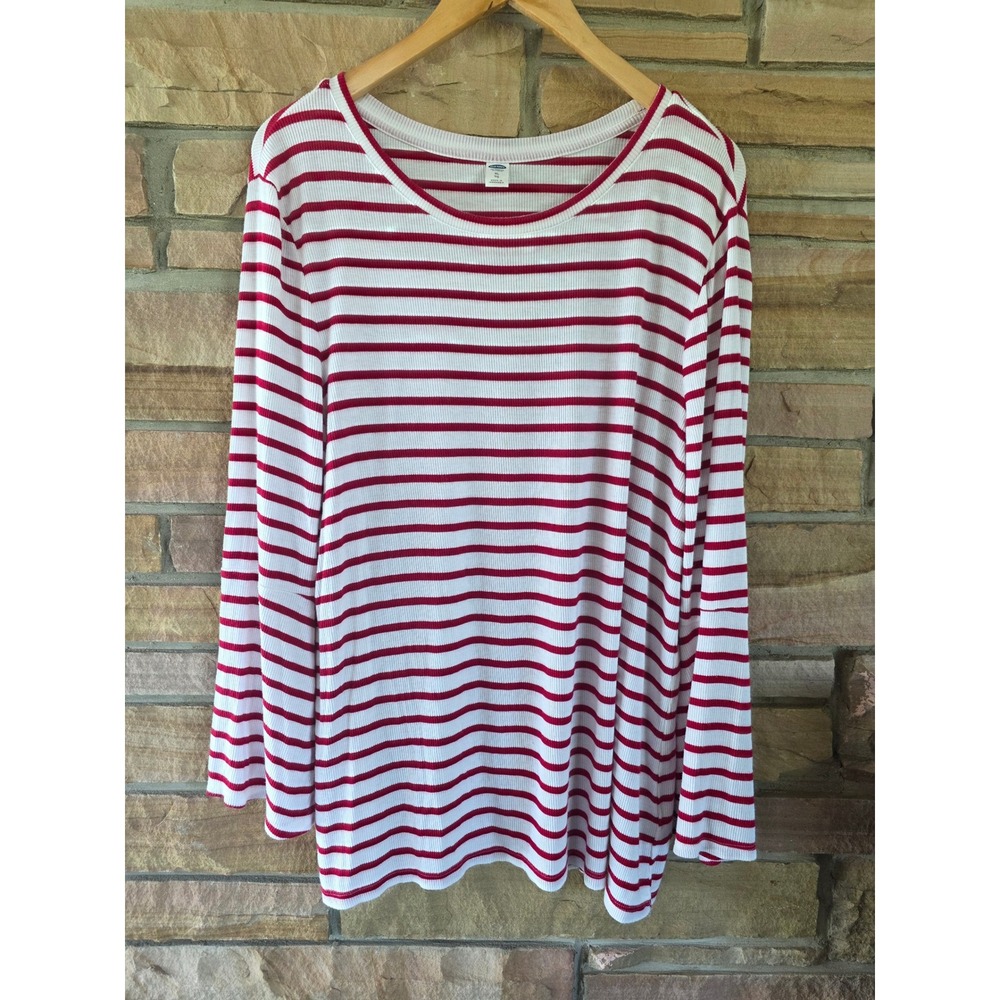 Old Navy Womens XL Red White Striped Ribbed Long Sleeve Crew Neck Top